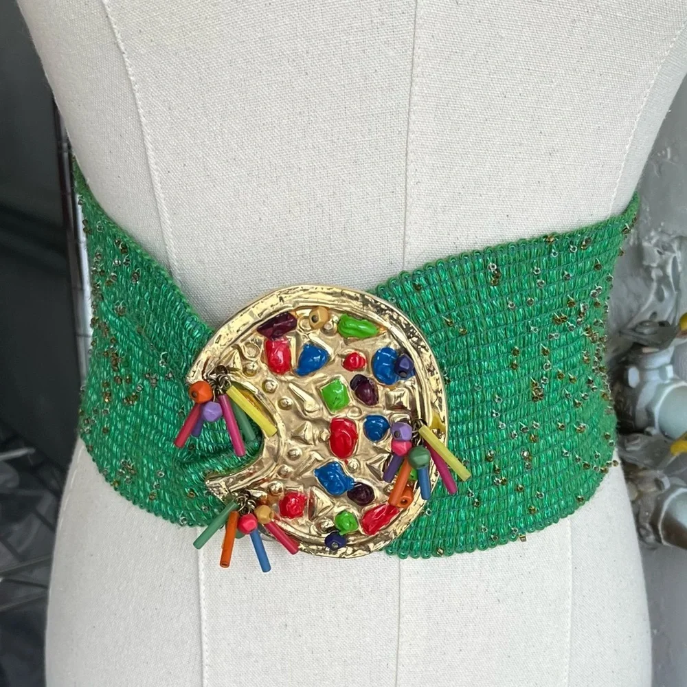 BORBONESE Vintage 1980s Green Stretchy Beaded Belt with Gold Tone Clasp